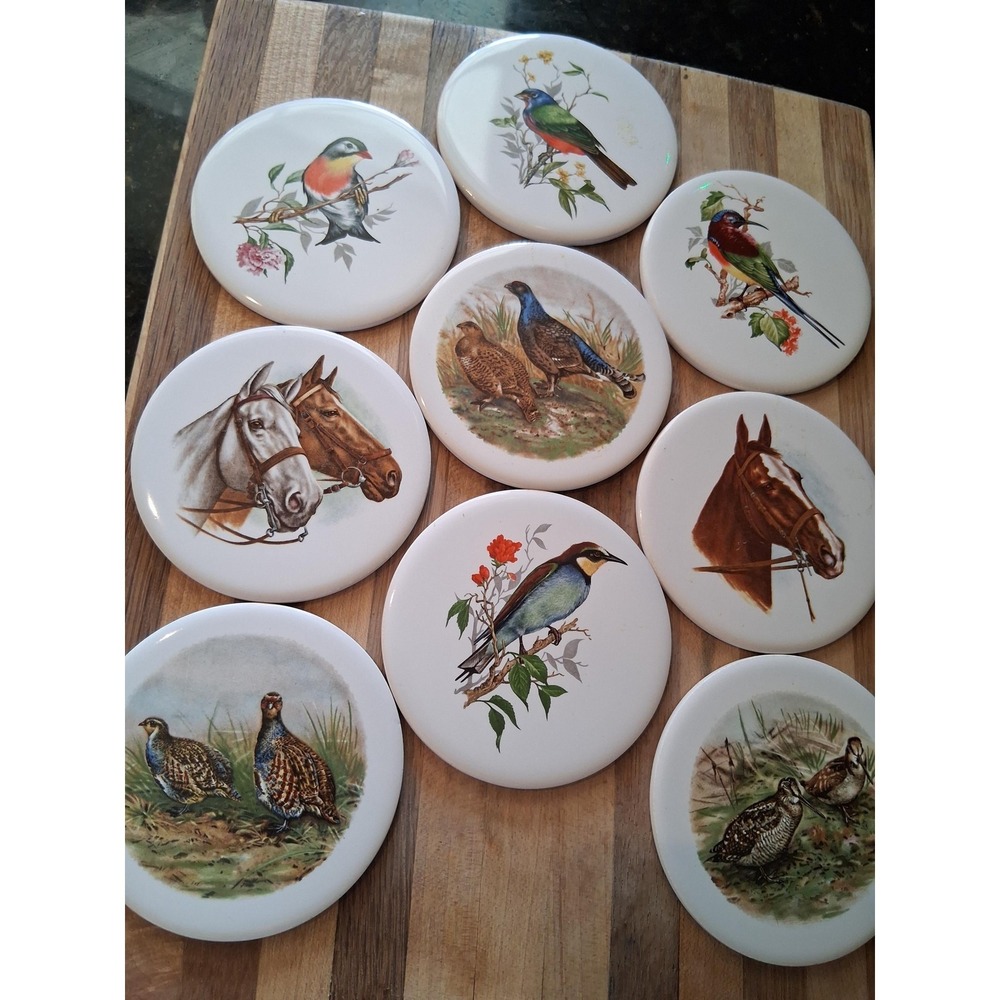 Vintage H&R Johnson Ceramic Coasters Set of 10 Birds Horses Made in England